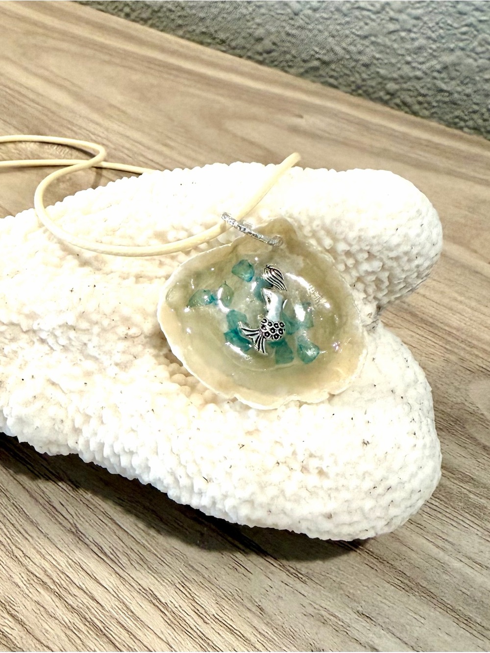 8. Reversible Jingle shell Necklace with turquoise sea glass and Mermaid Charm